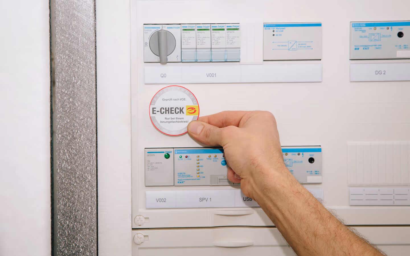 E-CHECK - Mitarbeiter klebt in der Verteilung die E-CHECK Plakette an &middot; ARNOLD Elektrotechnik